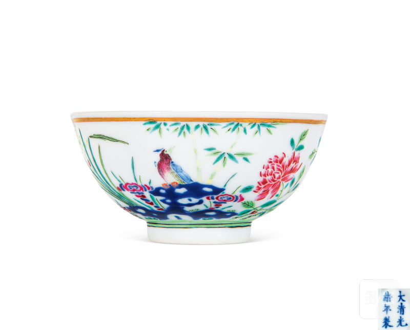 清光绪 粉彩洞石花鸟茶圆